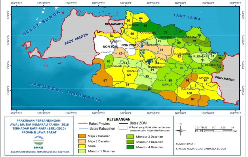 Gambar C.2.  Perbandingan Awal Musim Kemarau 2016 Terhadap Rata-Ratanya Zona Musim di Jawa Barat 