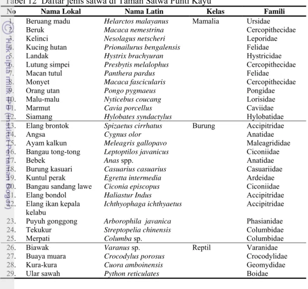Tabel 12  Daftar jenis satwa di Taman Satwa Punti Kayu 