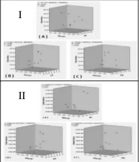 Gambar 7. Hubungan Antara ukuran tiram,  I(A)  Pb, I(B) Cd, I(C) Hg terhadap Densitas MT, serta  Hubungan Antara ukuran tiram, II(A) Pb, II(B)  Cd, III(C) Hg terhadap intensitas MT dari ketiga 