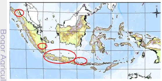 Gambar 4   Peta distribusi walet linchi di Indonesia (Google Map 2008).