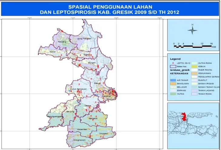 Gambar 3.  Distribusi Spasial Kasus Leptospirosis dan Penggunaan Lahan                di Kabupaten Gresik, Jawa timur Tahun 2009 –2012