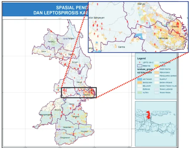 Gambar 2. Persebaran Kasus Leptospirosis Dan Penggunaan Lahan  di Kabupaten Gresik Tahun 2009- 2012
