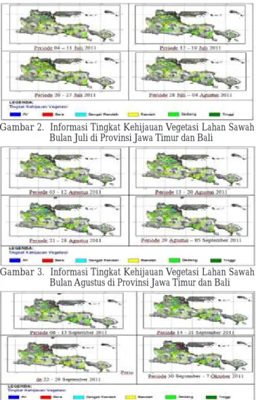 Gambar 2a – 2d, menunjukkan kondisi Tingkat Kehijauan Vegetasi (TKV) lahan sawah di Provinsi Banten dan Jawa Barat bulan selama 3 periode 8 harian, yaitu 04 Juli - 27 Juli 2011