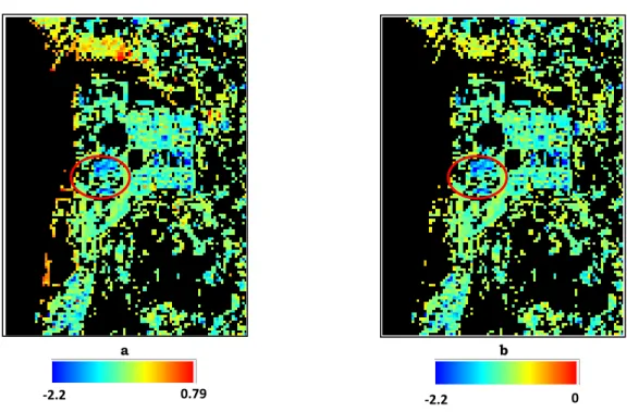 Gambar 3-3: Klasifikasi  indeks  menggunakan  spektral  referensi  dari  spektrometer  untuk  seluruh  daerah (a) dan daerah yang terkelaskan sebagai kelas tercemar (b) 