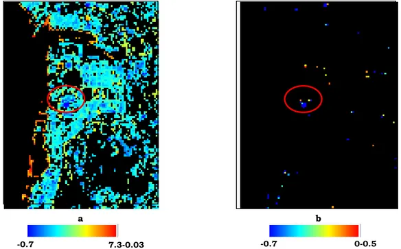 Gambar 3-4: Klasifikasi  indeks  menggunakan  spektral  referensi  dari  endmember  citra  Landsat  8  untuk seluruh daerah (a) dan daerah yang terkelaskan sebagai kelas tercemar (b) 