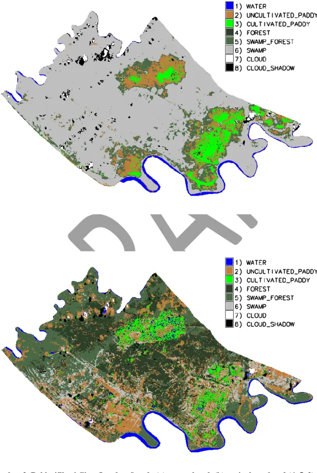 Gambar 2. Reklasifikasi Citra Landsat 8 pada (a) semua band, (b) agriculture band (6, 5, 2)
