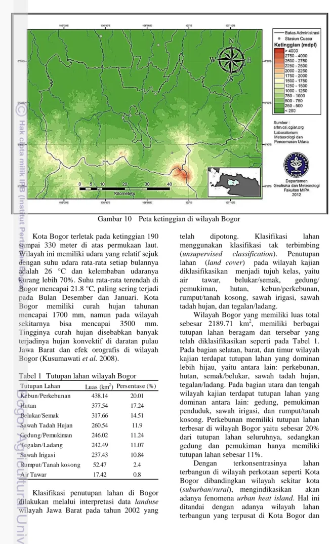 Gambar 10  Peta ketinggian di wilayah Bogor  Kota Bogor terletak pada ketinggian 190 