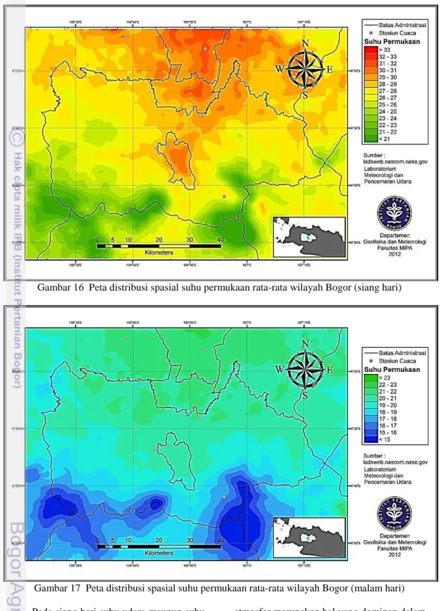 Gambar 16  Peta distribusi spasial suhu permukaan rata-rata wilayah Bogor (siang hari) 