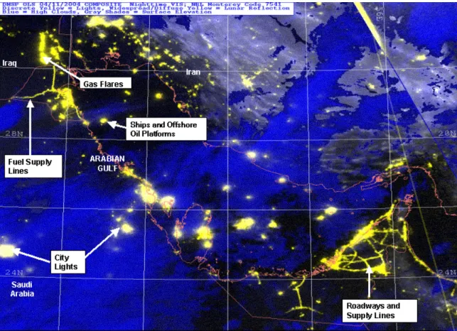 Gambar 4-1: Contoh  aplikasi  (simulasi)  VIIRS-NPOESS:  Pandangan  pada  malam  hari,  menggunakan  data  sensor  OLS  kanal  tampak  waktu-malam  pada  satelit      DMSP