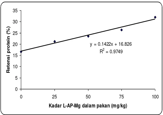 Gambar 3.  Hubungan antara tingkat pemberian L-AP-Mg dalam pakan dengan retensi protein 