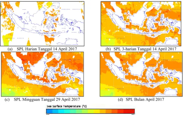 Gambar 6. Sebaran SPL AMSR- (a)2 Harian (b) 3-harian (c) Mingguan dan (d) Bulanan Perairan Indonesia   Dari Gambar 6 dapat dilihat bahwa data 3-harian AMSR-2 sudah cukup representatif untuk mendapatkan  gambaran sebaran SPL Indonesia, berbeda dengan data S