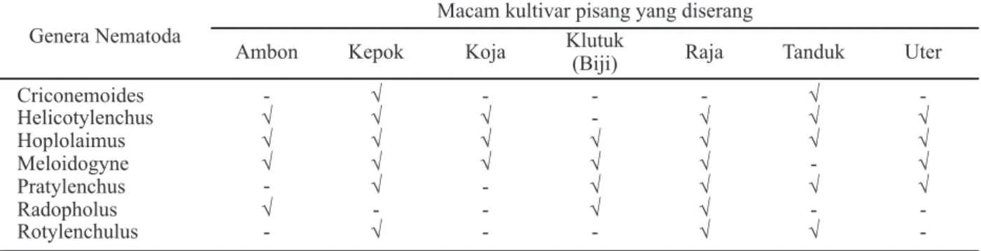 Tabel 1. Genera nematoda parasit yang ditemukan pada berbagai kultivar pisang di Provinsi Daerah  Istimewa Yogyakarta
