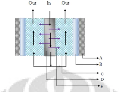 Gambar 2. Mekanisme degradasi limbah dalam RHOP. A: Elektroda massa (kawat  kasa), B: Media dielektrik (Gelas borosilikat), C: Fluida (limbah dan gas umpan),  
