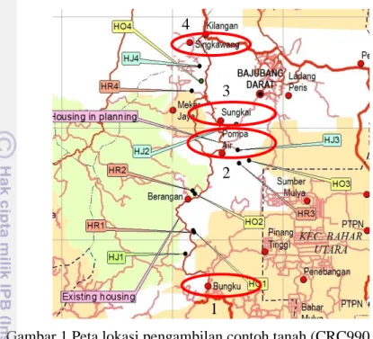 Gambar 1 Peta lokasi pengambilan contoh tanah (CRC990 2012)               1: Bungku; 2: Pompa Air; 3: Sungkai; 4:Singkawang 