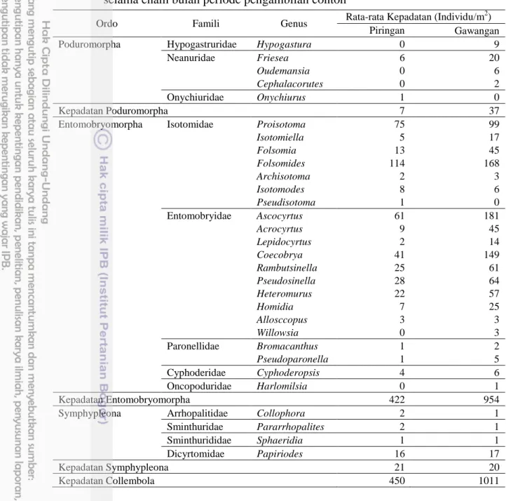 Tabel  3  Keanekaragaman  dan  kepadatan  Collembola  di  kebun  kelapa  sawit     selama enam bulan periode pengambilan contoh 