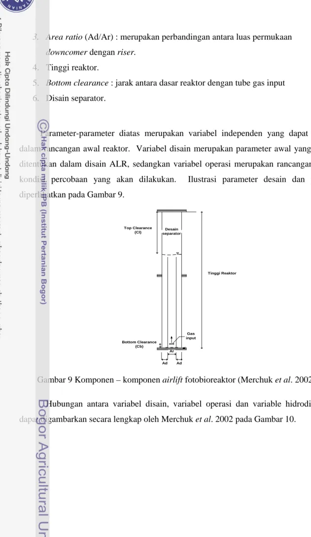 Gambar 9 Komponen – komponen airlift fotobioreaktor (Merchuk et al. 2002)  Hubungan  antara  variabel  disain,  variabel  operasi  dan  variable  hidrodinamik  dapat digambarkan secara lengkap oleh Merchuk et al