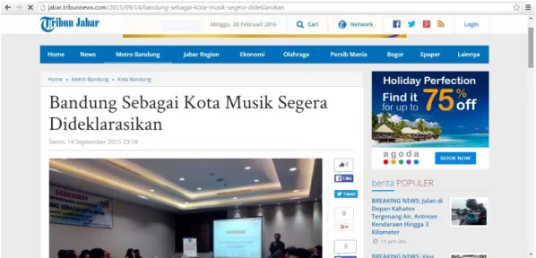 Gambar 1.1 Kabar Bandung akan dijadikan kota musik  Sumber: www.jabar.tribunnews.com diakses pada 19 September 2015 