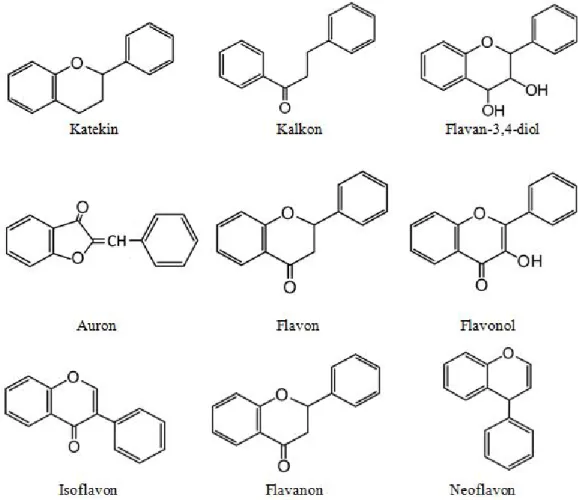 Gambar 2.3 Kerangka dasar beberapa golongan senyawa flavonoid (Harborne,  1987) 