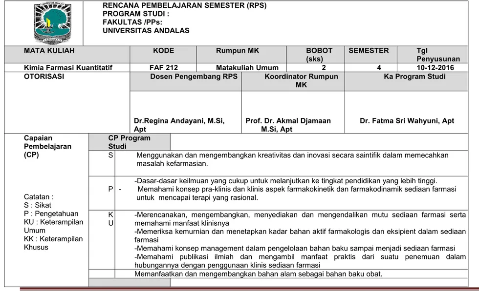 Tabel 3.RPS Mata Kuliah Kimia Farmasi Kuantitatif