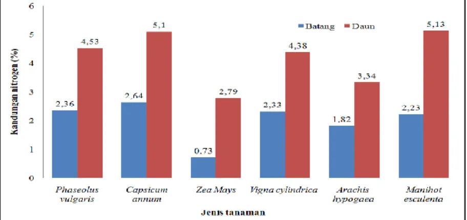 Gambar  5.  Kandungan Nitrogen (%) dari masing masing komoditas pertanian di Bodogol, TN Gunung Gede  Pangrango
