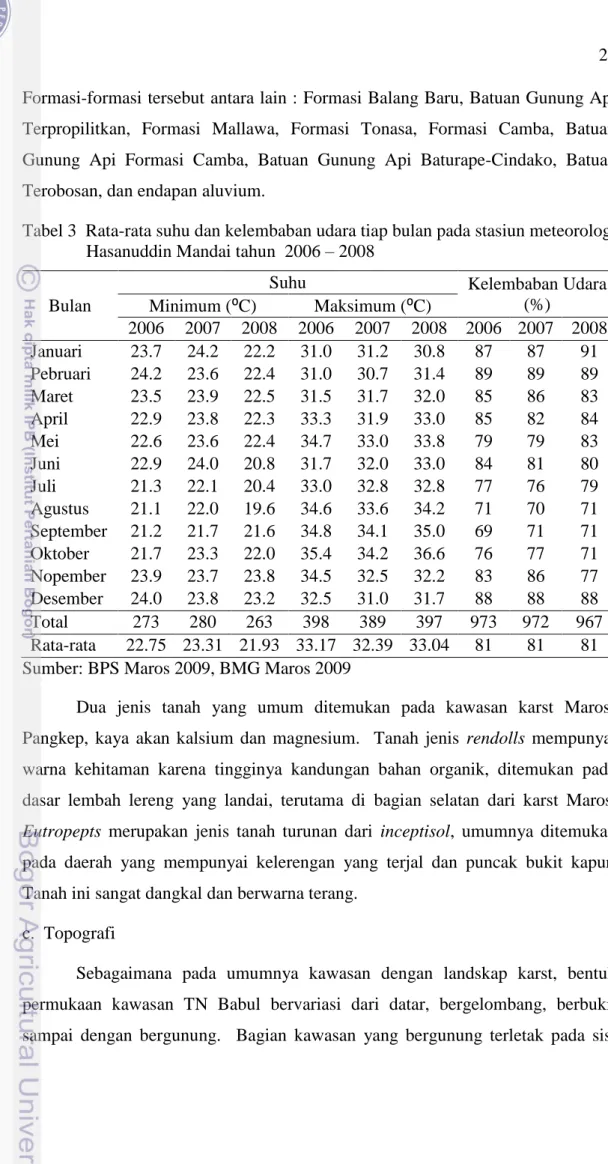 Tabel 3  Rata-rata suhu dan kelembaban udara tiap bulan pada stasiun meteorologi  Hasanuddin Mandai tahun  2006 – 2008 