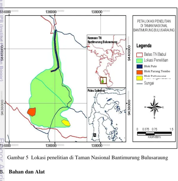 Gambar 5  Lokasi penelitian di Taman Nasional Bantimurung Bulusaraung  B.  Bahan dan Alat 
