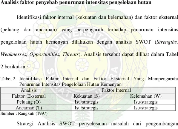 Tabel 2.  Identifikasi Faktor Internal dan Faktor Eksternal Yang Mempengaruhi  Penurunan Intensitas Pengelolaan Hutan Kemenyan 