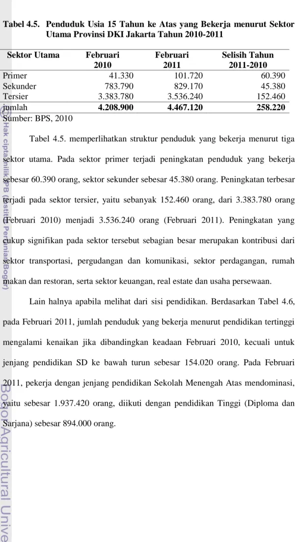 Tabel 4.5.  Penduduk  Usia  15  Tahun  ke  Atas  yang  Bekerja  menurut  Sektor  Utama Provinsi DKI Jakarta Tahun 2010-2011 
