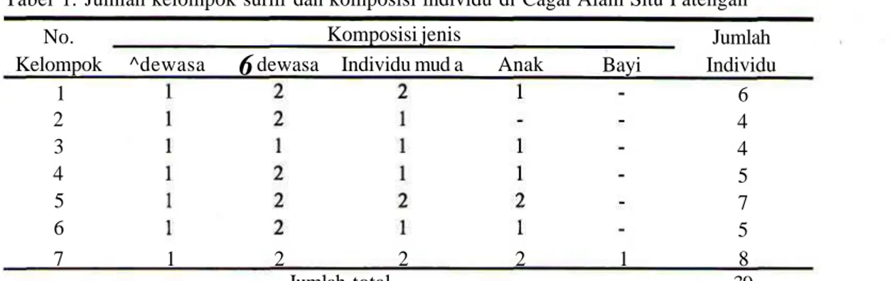 Tabel 1. Jumlah kelompok surili dan komposisi individu di Cagar Alam Situ Patengan No.