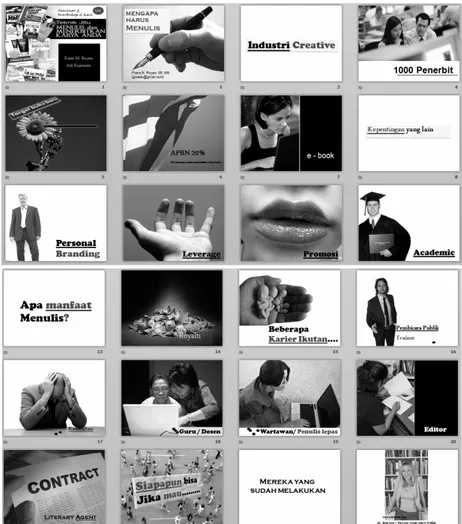 Gambar 1-12 - Slide presentasi Frans M. Royan (“Menulis dan  Menerbitkan karya Anda”), masing-masing slide hanya berisi topik 