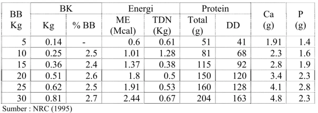 Tabel 4. Kebutuhan harian zat-zat makanan untuk ternak domba  BB  Kg  BK Energi  Protein Ca (g)  P  Kg %  BB  ME  (g)  (Mcal)  TDN (Kg)  Total (g)  DD  5 0.14  -  0.6 0.61 51 41 1.91 1.4 10 0.25 2.5  1.01 1.28 81 68 2.3  1.6 15 0.36 2.4  1.37 0.38 115 92 2
