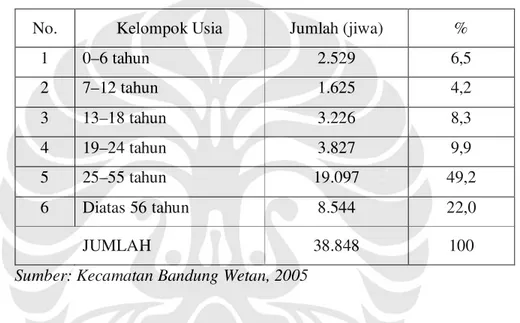 Tabel 3. Distribusi Penduduk Kecamatan Bandung Wetan   Berdasarkan Kelompok Usia Tahun 2005 