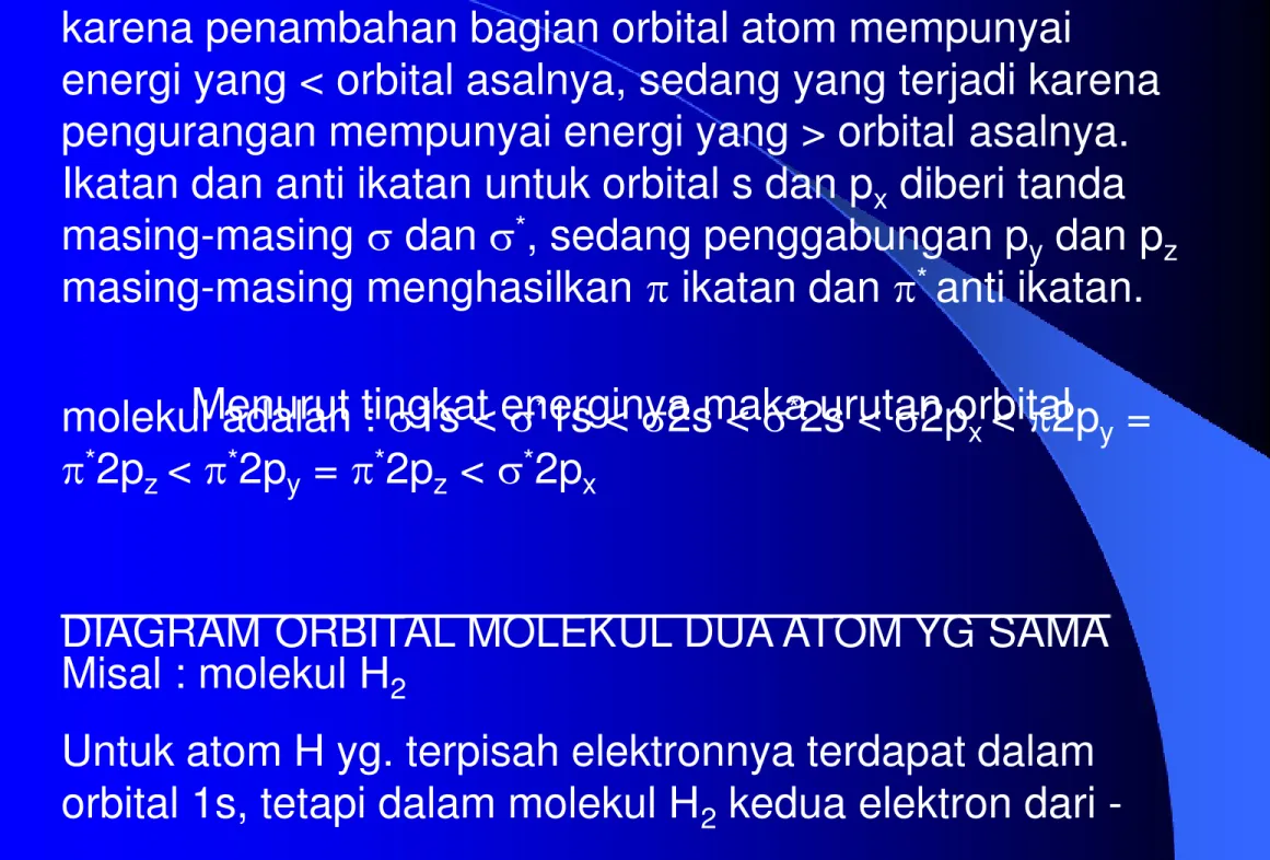 DIAGRAM ORBITAL MOLEKUL DUA ATOM YG SAMA Misal : molekul H 2  