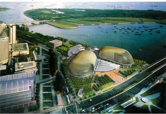 Gambar Perbedaan Sumbu dari Kedua Masa Bangunan Esplanade  Sumber : http://www.pentaocean.co.jp/ir/data/annual/2003/pdf/03_04-16.pdf 
