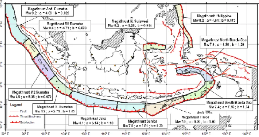 Gambar 3. Model segmentasi dan parameter sumber gempa subduksi  Megathrust wilayah Indonesia  
