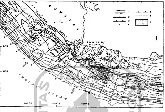 Gambar 3.8 Peta di sekitar selat Sunda dan penyebaran secara geologi dan geofisika Keterangan : 1