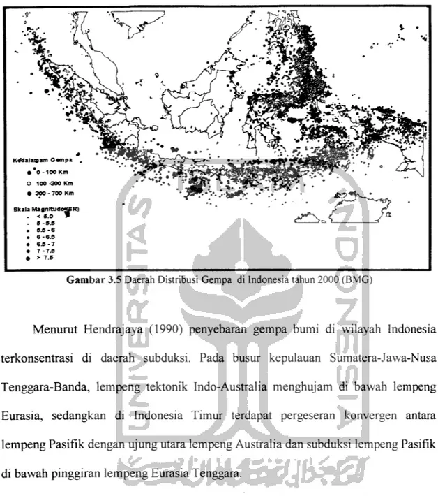 Gambar 3.5 Daerah Distribusi Gempa di Indonesia tahun 2000 (BMG)