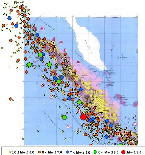 Gambar IV-7 Sebaran episenter gempa utama di pulau sumatera dan sekitarnya  berdasarkan magnitude