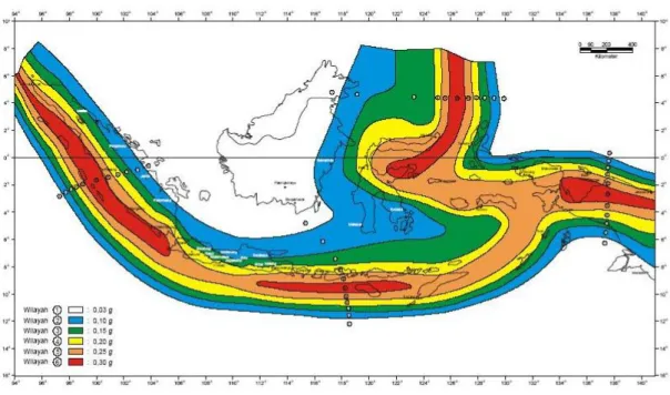 Gambar 2. 22 Peta Gempa Indonesia (SNI 03-1726-2003)  2.11.6 Global Seismic Hazard Assesment Program (GSHAP) United States  Geological Survey (USGS,2004) 
