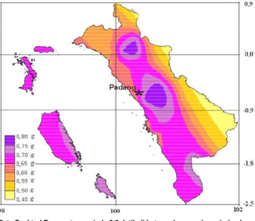 Gambar 6. Peta Spektral Percepatan periode 0,2 detik di batuan dasar pada periode ulang 500 tahun  wilayah Provinsi Sumatera Barat (Delfebriyadi, 2009) 