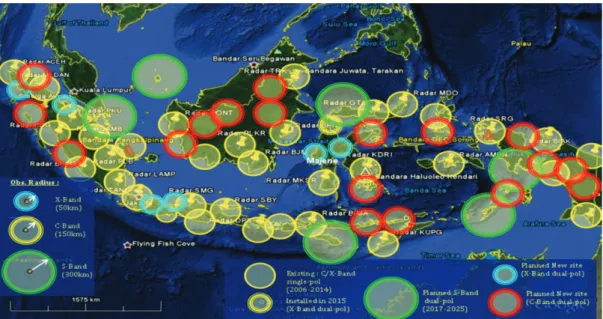Gambar 1.  Peta lokasi radar cuaca BMKG pada tahun 2006-2015 dan rencana instalasi tahun 2015-2024