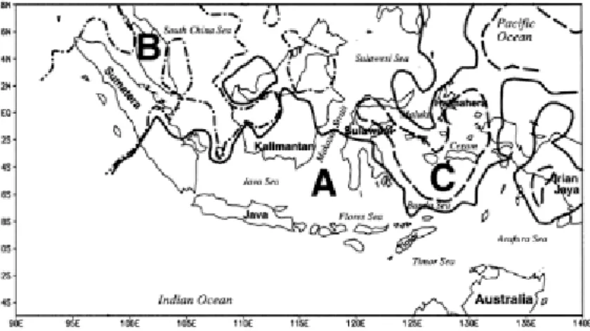 Gambar 1.  Tiga wilayah iklim berdasarkan rata-rata pola tahunan curah hujan Indonesia, yaitu: wilayah A (monsunal), B  (equatorial) dan C (lokal)[16]