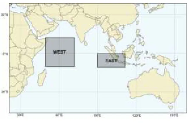 Gambar 3. Wilayah  untuk  menentukan  perhitungan  DMI menurut definisi Saji dkk (1999), yaitu  selisih rata-rata anomali SST area A (50°BT  -  70°BT,  10°LS  -  10°LU)  dengan  area  B  (90°BT - 110°BT, 10°LS - 0°) [36]