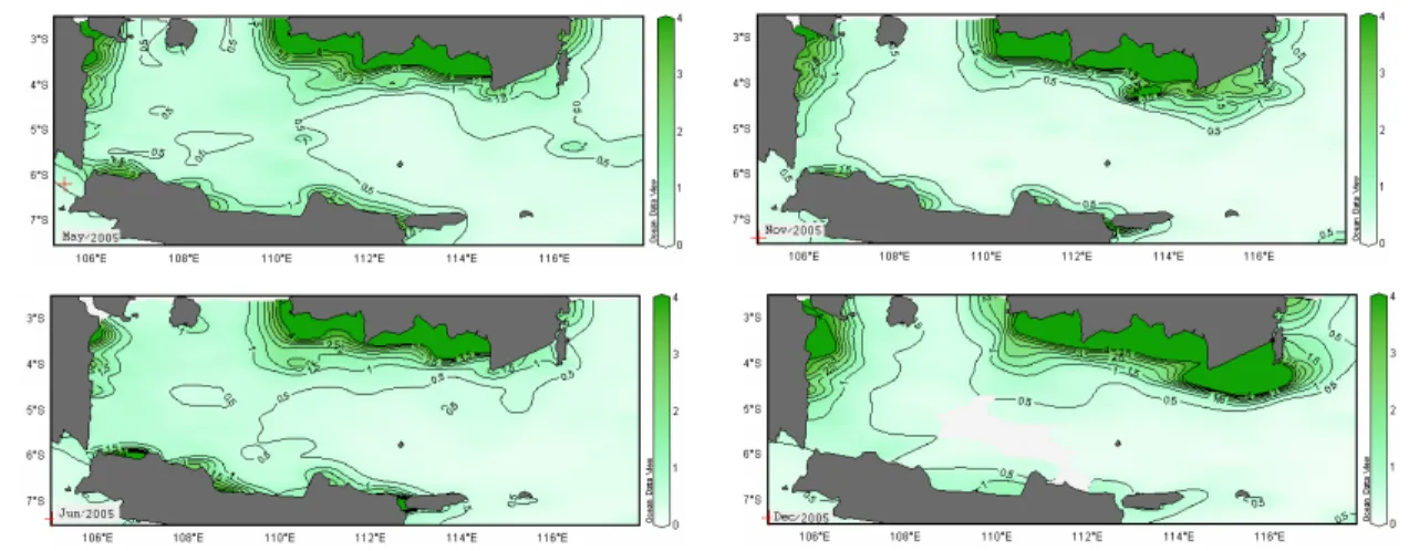 Gambar 9.  Distribusi  konsentrasi  klorofil-a  rata-rata  bulanan  (bulan  Januari  sampai  dengan  Desember)  di  Laut Jawa (2005)