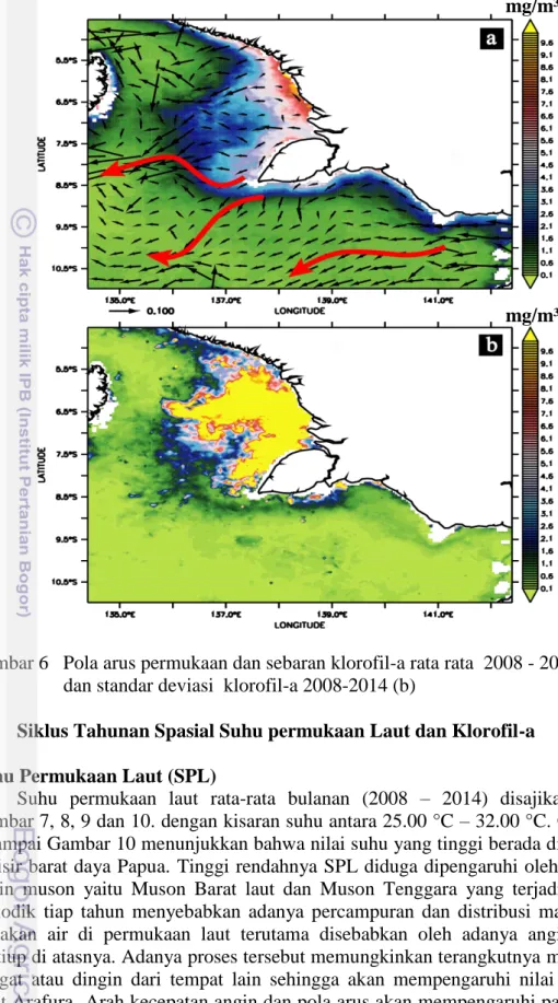 Gambar 6   Pola arus permukaan dan sebaran klorofil-a rata rata  2008 - 2014  (a)  dan standar deviasi  klorofil-a 2008-2014 (b)  