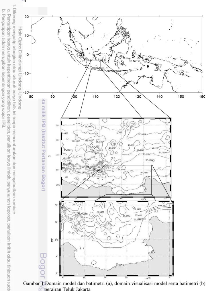 Gambar 1 Domain model dan batimetri (a), domain visualisasi model serta batimetri (b)  perairan Teluk Jakarta  
