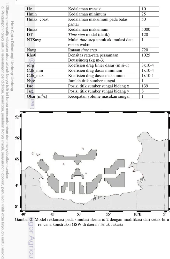 Gambar 2  Model reklamasi pada simulasi skenario 2 dengan modifikasi dari cetak-biru  rencana konstruksi GSW di daerah Teluk Jakarta 