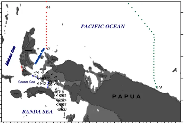 Gambar 1.  Peta dan stasiun oseanografi Ekspedisi Widya Nusantara (EWIN) pada  tahun 2007 di stasiun bertanda lingkaran hitam dan Arlindo mixing  (ARMIX) pada ekspedisi selama musim tenggara tahun 1993 di stasiun  bertanda lingkaran biru dan merah dan WOCE