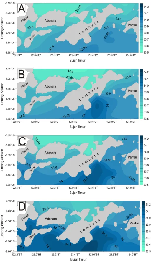 Gambar 4.  Sebaran mendatar salinitas perairan pada permukaan laut A) kedalaman 0 m, B)                       kedalaman 25m, C) kedalaman 50m, dan D) kedalaman 75 m
