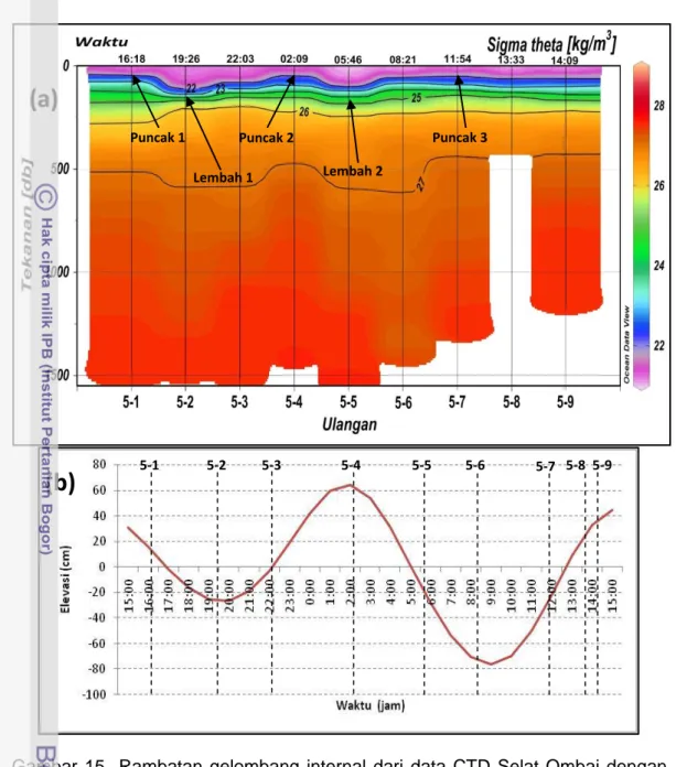 Gambar  15    Rambatan  gelombang  internal  dari  data  CTD  Selat  Ombai  dengan   puncak dan lembah gelombang ditunjukkan dengan anak panah (a)